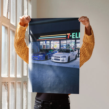 Nissan GTR R34 Skyline poster featuring two white and blue cars in front of a 7-Eleven store, high-resolution wall art.