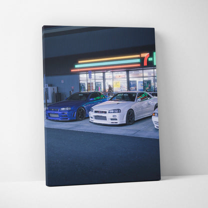 Nissan GTR R34 Skyline parked outside a store at night, vertical canvas wall art, high-resolution car art.