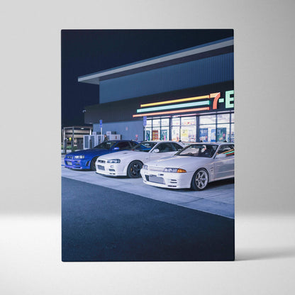 Nissan GTR R34 Skyline canvas art featuring blue, white, and silver cars outside 7-Eleven wall art.