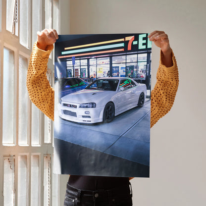Nissan R34 GTR white sports car parked outside 7-Eleven poster wall art.
