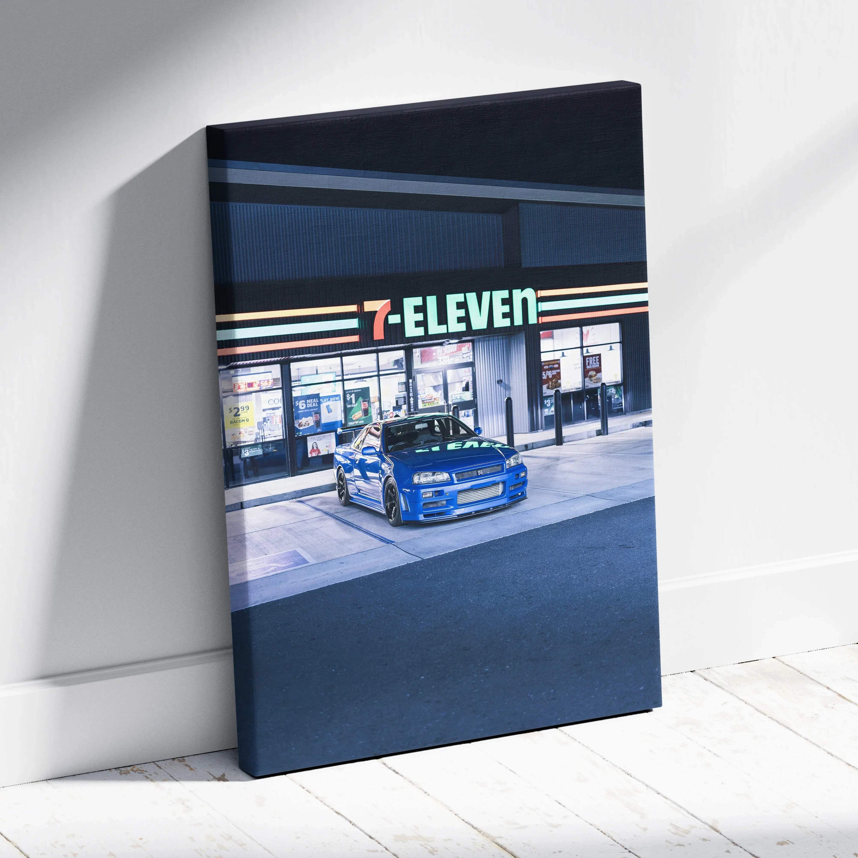 Vertical canvas art of a blue Nissan GTR R34 Skyline parked in front of a lit 7-Eleven store at night, high resolution wall.