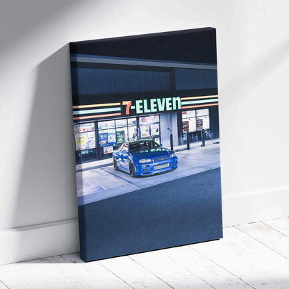 Vertical canvas art of a blue Nissan GTR R34 Skyline parked in front of a lit 7-Eleven store at night, high resolution wall.