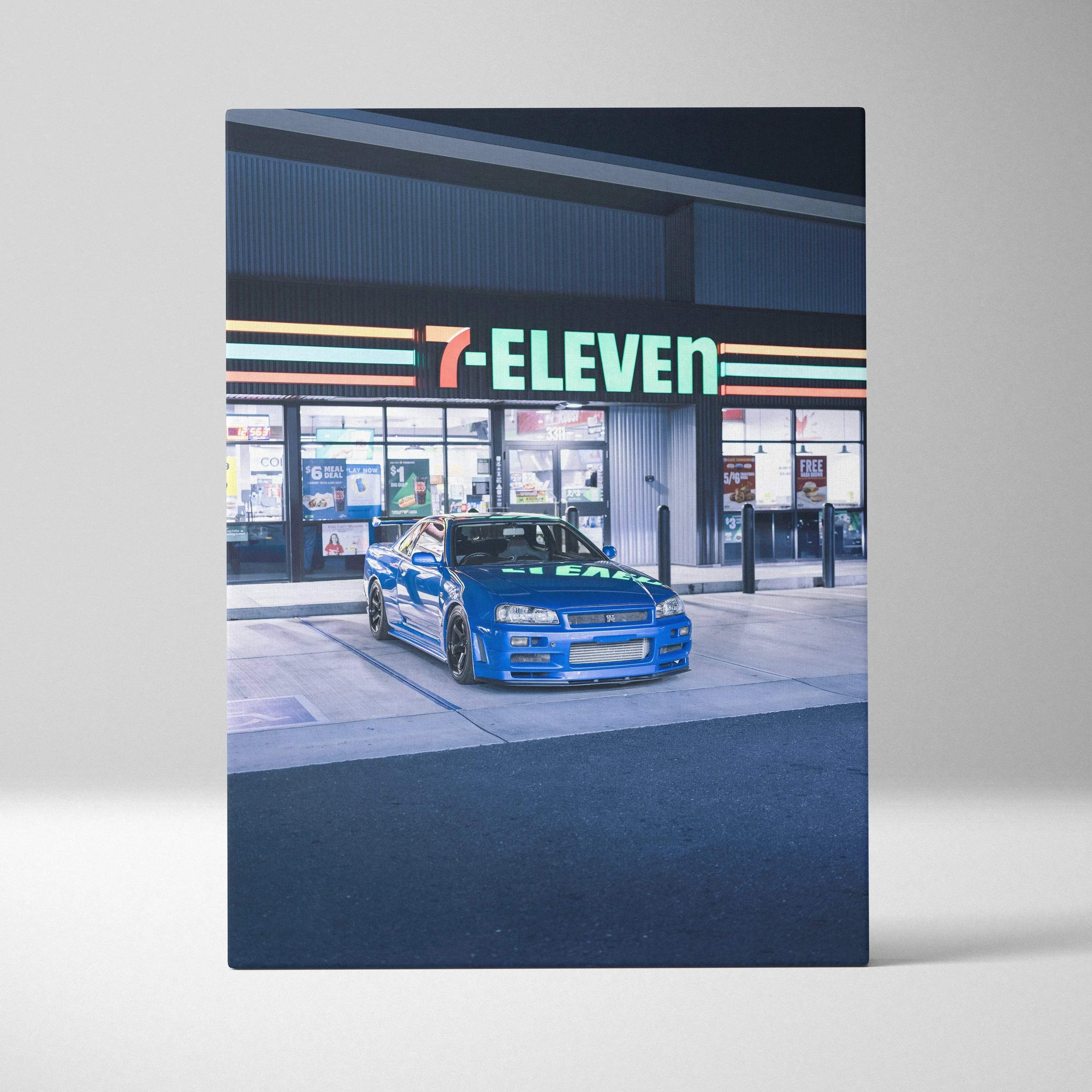 Nissan GTR R34 Skyline blue car parked in front of 7-Eleven canvas wall art.