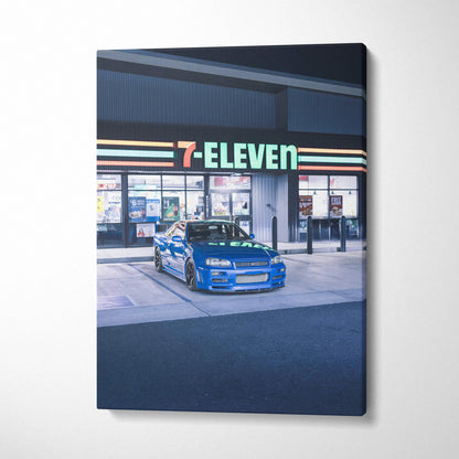 Blue Nissan GTR R34 Skyline parked outside 7-Eleven canvas wall art print.