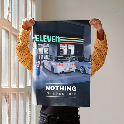 Poster wall art featuring a white Nissan GT-R R34 skyline at a 7-Eleven with the text "Nothing Is Impossible".