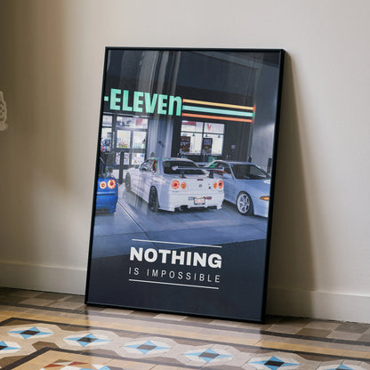 Motivational poster wall art featuring white Nissan GT-R R34 Skyline in a garage with text "Nothing is Impossible" and.
