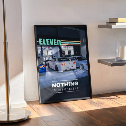Motivational poster wall art featuring a white Nissan R34 GT-R Skyline with inspiring text "Nothing is impossible".