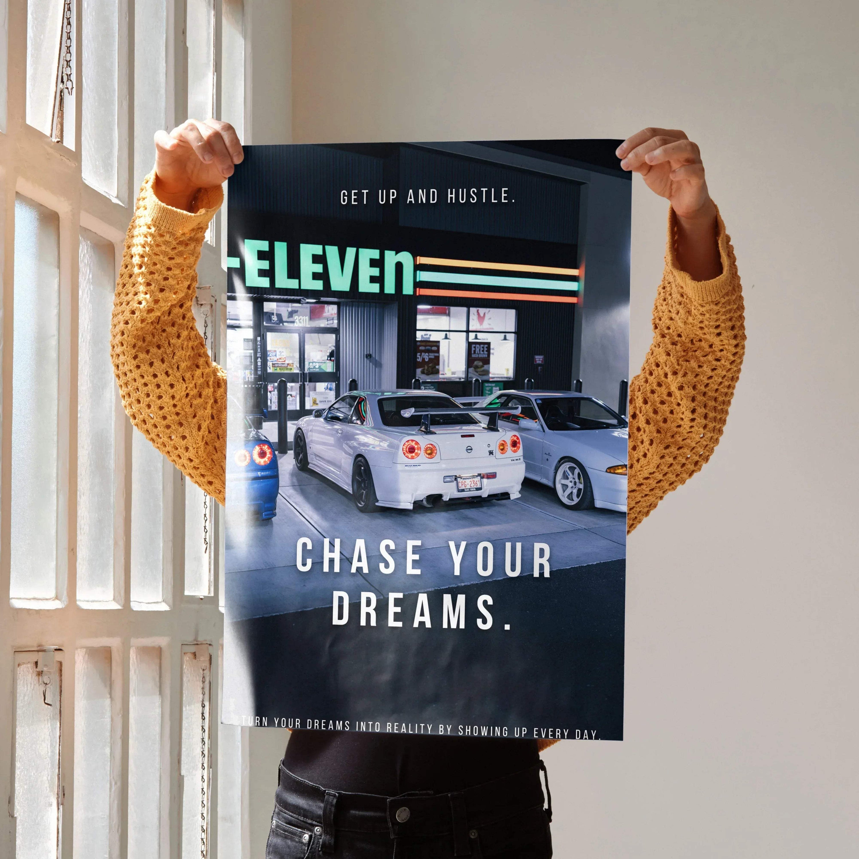 Motivational Nissan GT-R R34 Skyline poster with "Chase Your Dreams" text, wall art design.