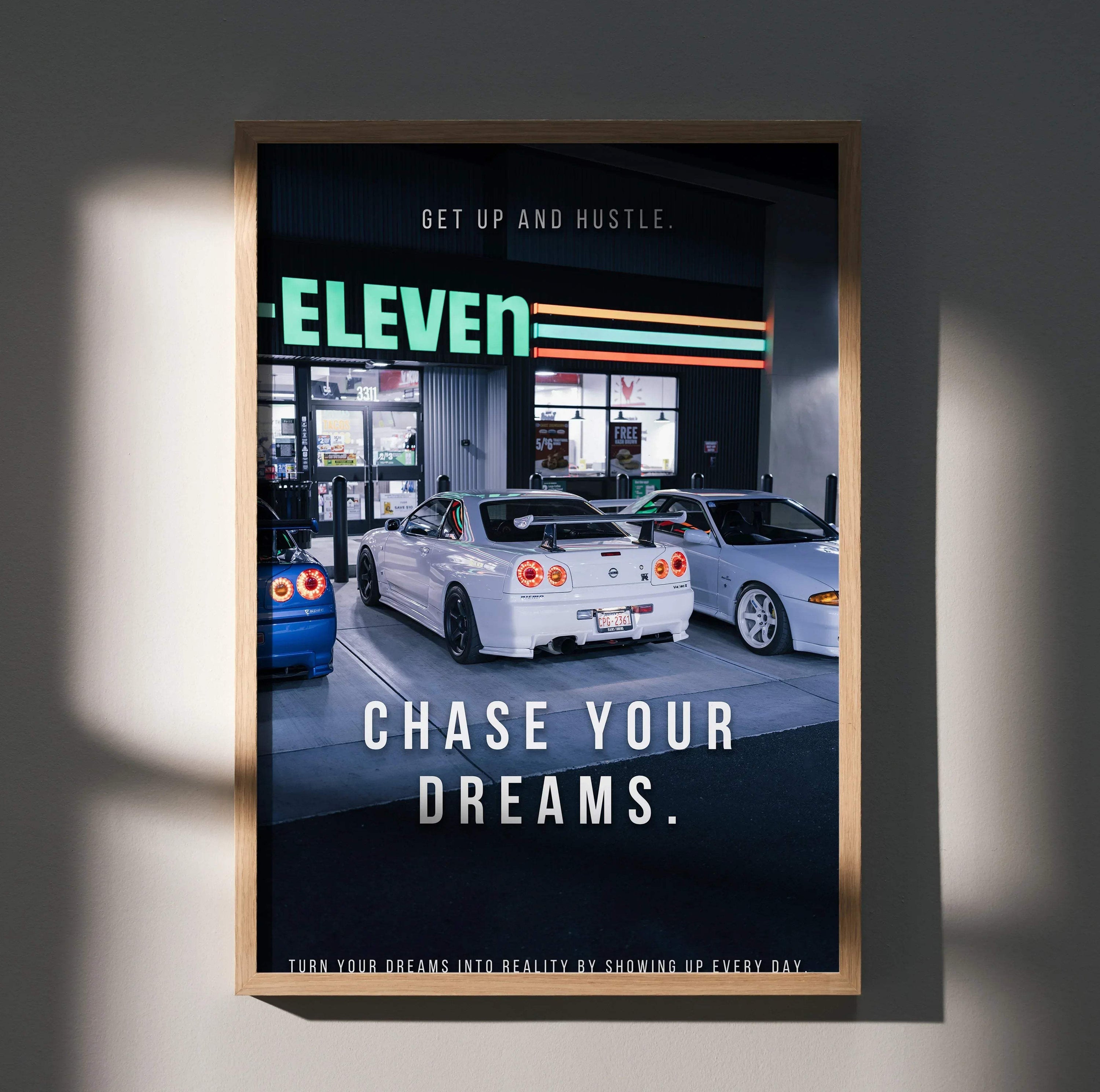 Motivational wall art poster featuring a white Nissan GT-R R34 Skyline in a garage with text "Get Up and Hustle" and "Chase.