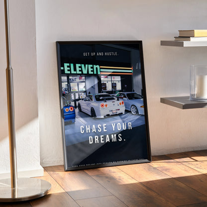 Motivational poster wall art with Nissan R34 GT-R Skyline and "Chase Your Dreams" text in black frame.