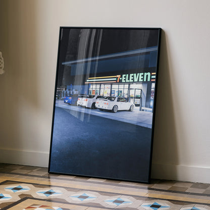 Nissan GTR Skyline R32 and R34 poster featuring cars in front of a 7-Eleven at night wall art.