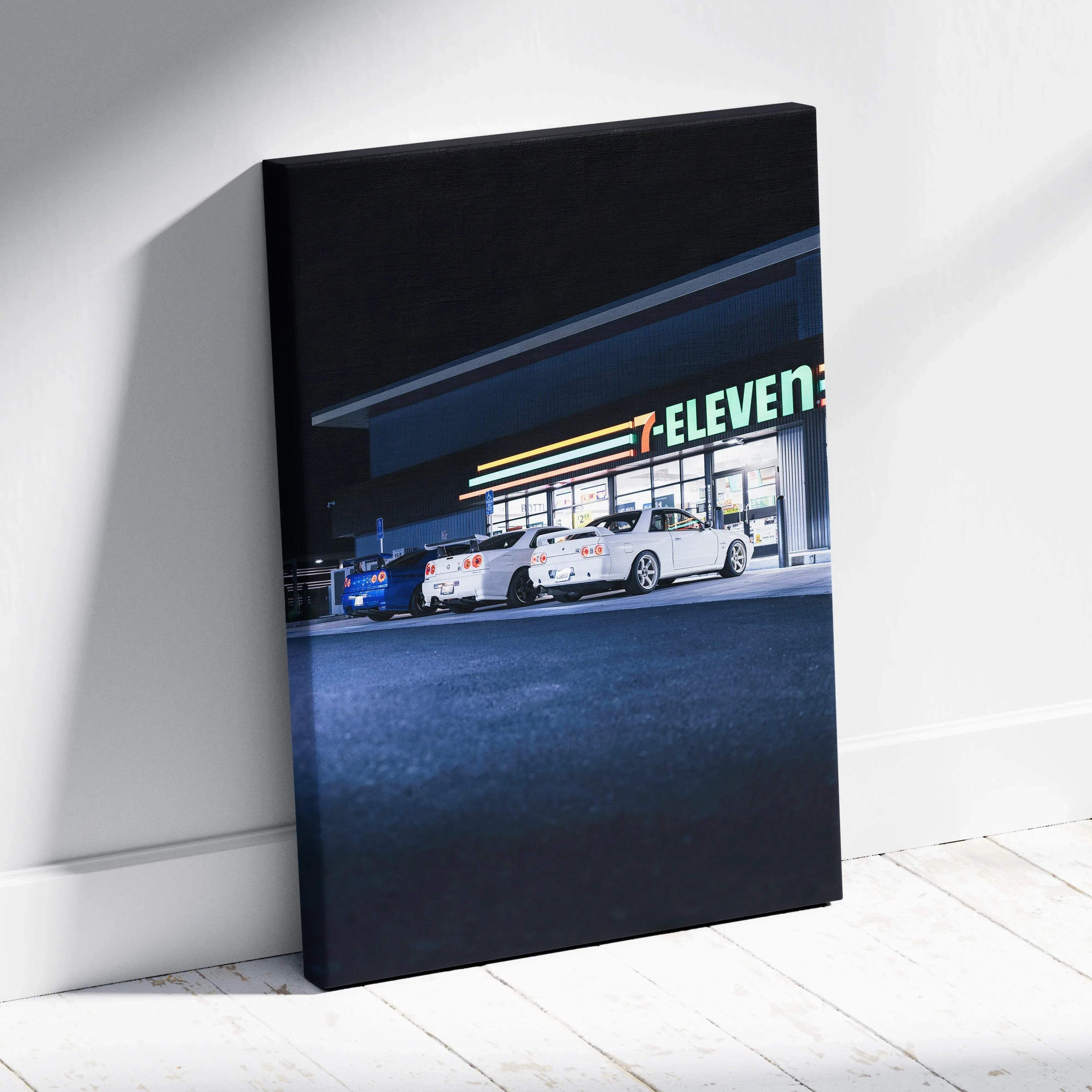 Nissan GTR R34 Skyline parked outside 7-Eleven at night canvas wall art print.