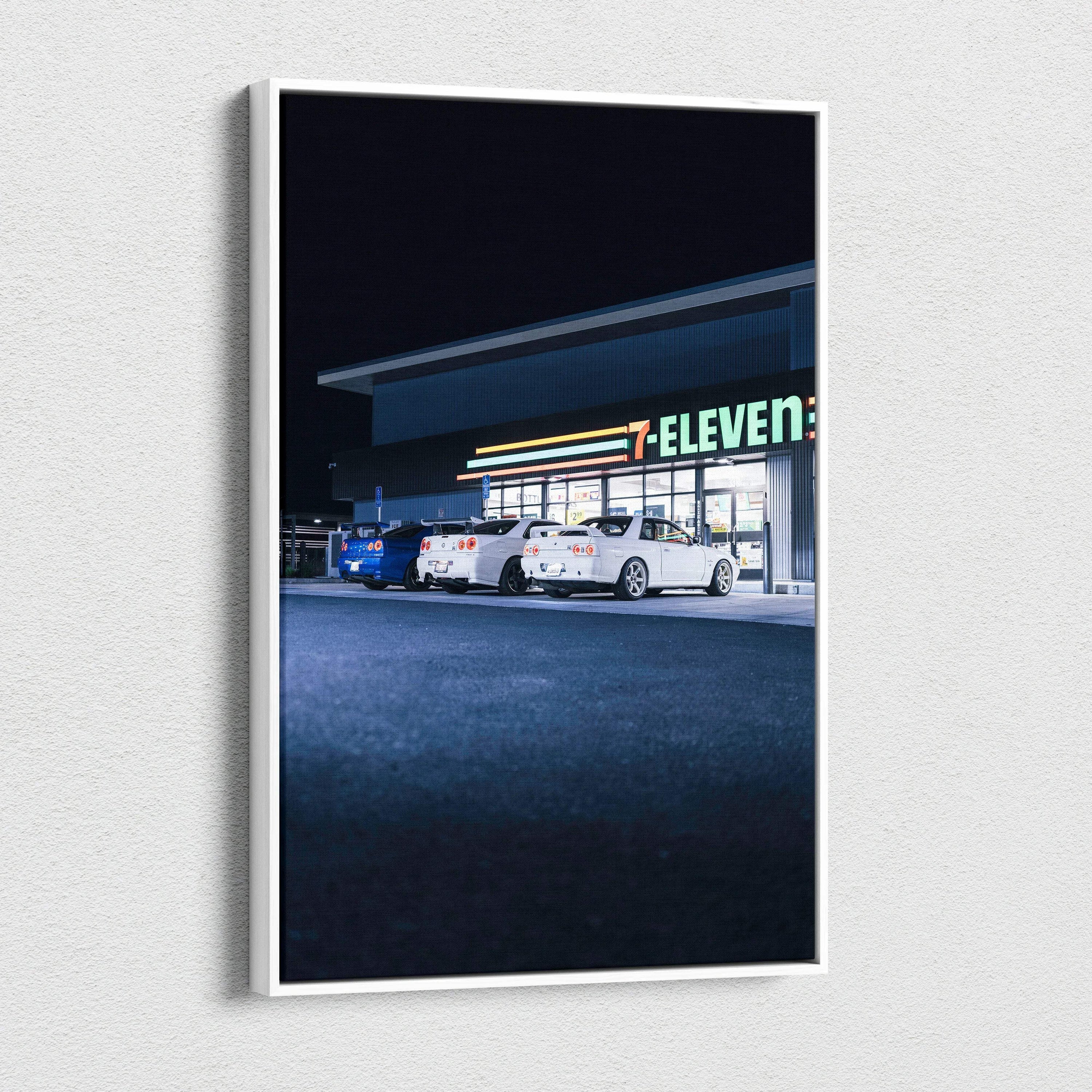 Nissan GTR R34 Skyline car parked outside 7-Eleven at night canvas wall art.