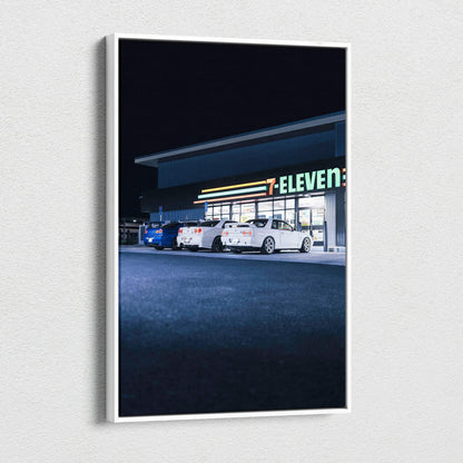 Nissan GTR R34 Skyline car parked outside 7-Eleven at night canvas wall art.