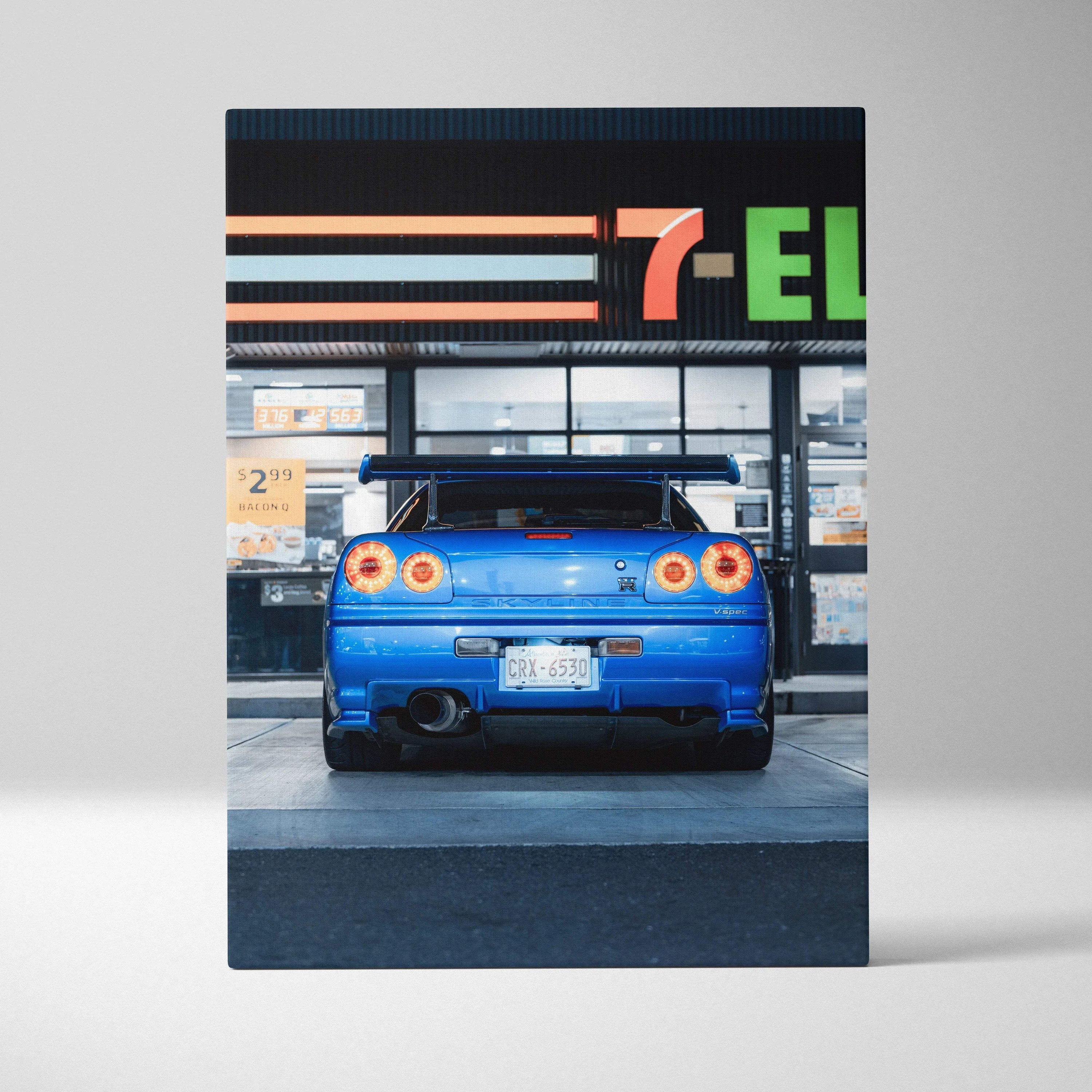 Blue Nissan GTR R34 Skyline rear view canvas art, vertical wall art print.