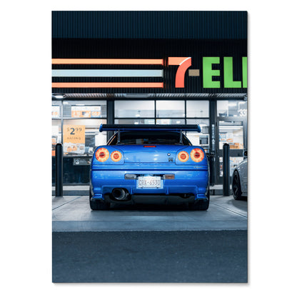 Nissan GTR R34 Skyline blue rear view at 7-Eleven at night poster wall art.