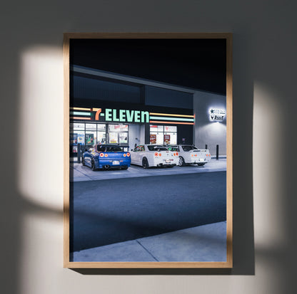 Nissan GTR R32 and R34 Skyline poster featuring detailed night scene at 7-Eleven, automotive wall art.