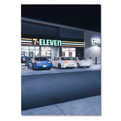 Nissan GTR R32 and R34 Skyline poster featuring three cars parked outside 7-Eleven at night wall art.