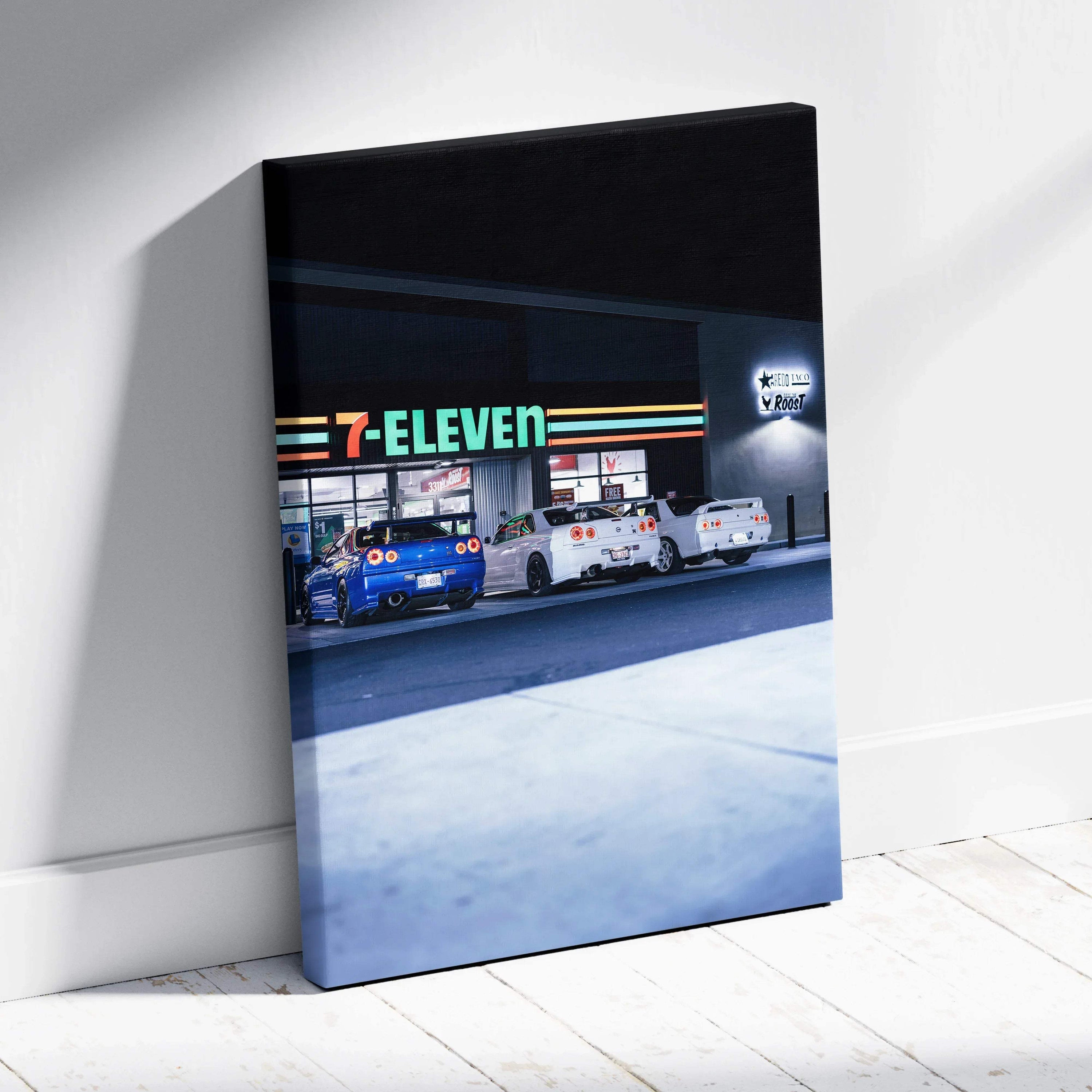 Vertical canvas art featuring Nissan GTR R34 Skyline parked at a 7-Eleven at night, wall art with vivid colors and sharp.