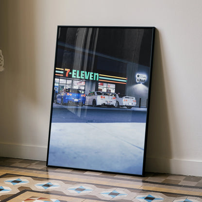 Nissan GTR R32 and R34 Skyline racing cars in front of 7-Eleven, high resolution poster wall art.