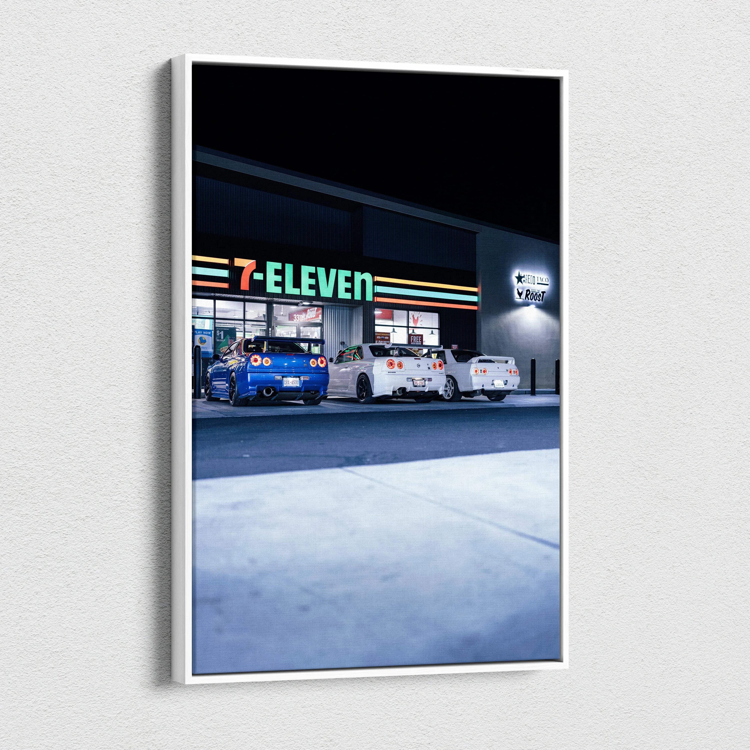 Nissan GTR R34 Skyline canvas art with nighttime 7-Eleven gas station scene, vertical wall art.