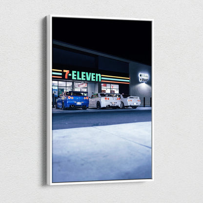 Nissan GTR R34 Skyline canvas art with nighttime 7-Eleven gas station scene, vertical wall art.