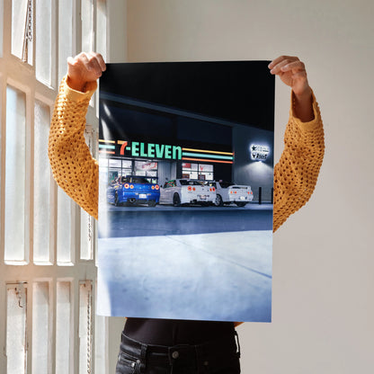 Nissan GTR R32 and R34 Skyline Legends poster wall art featuring cars outside 7-Eleven at night.