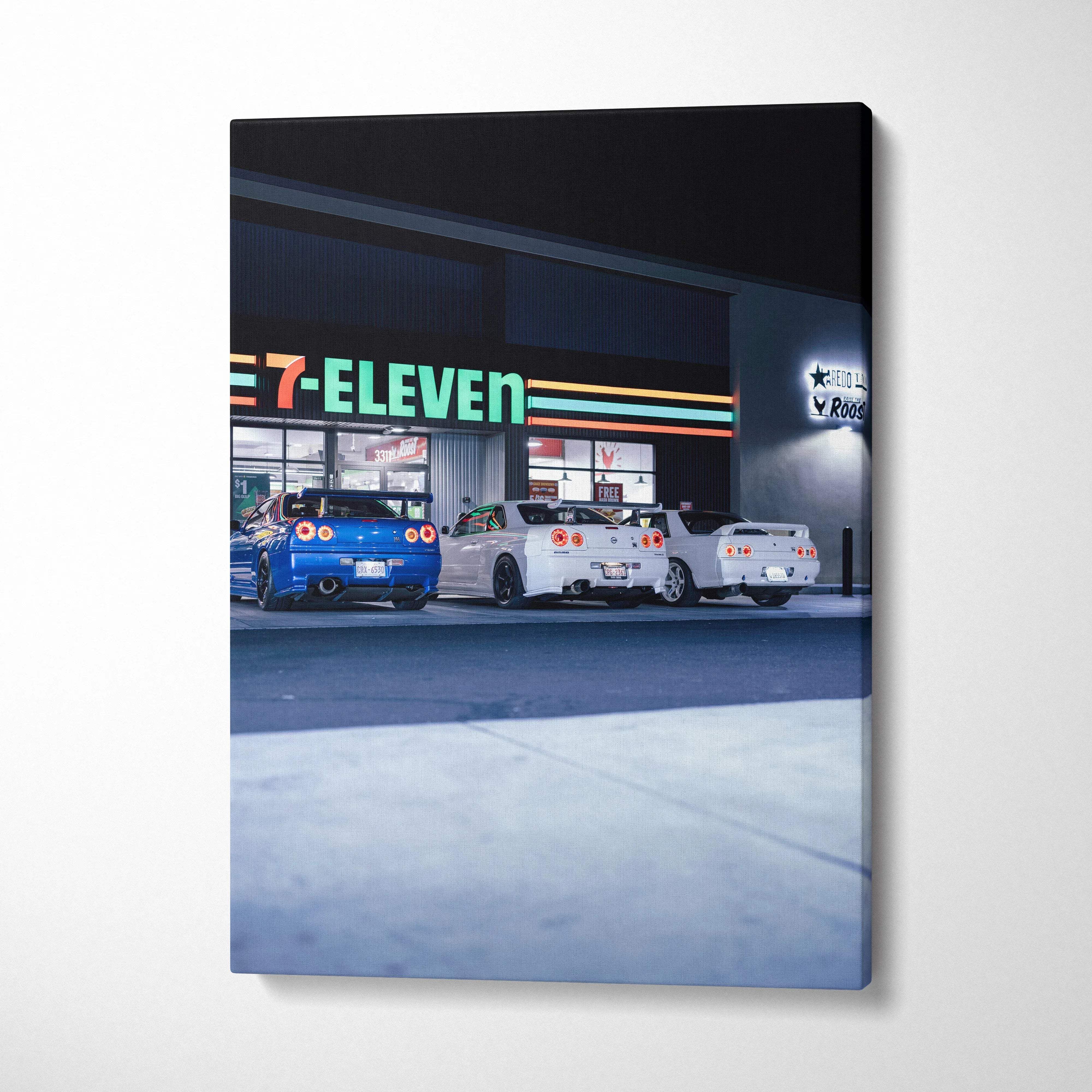 Nissan GTR R34 Skyline parked outside 7-Eleven, night scene canvas wall art.