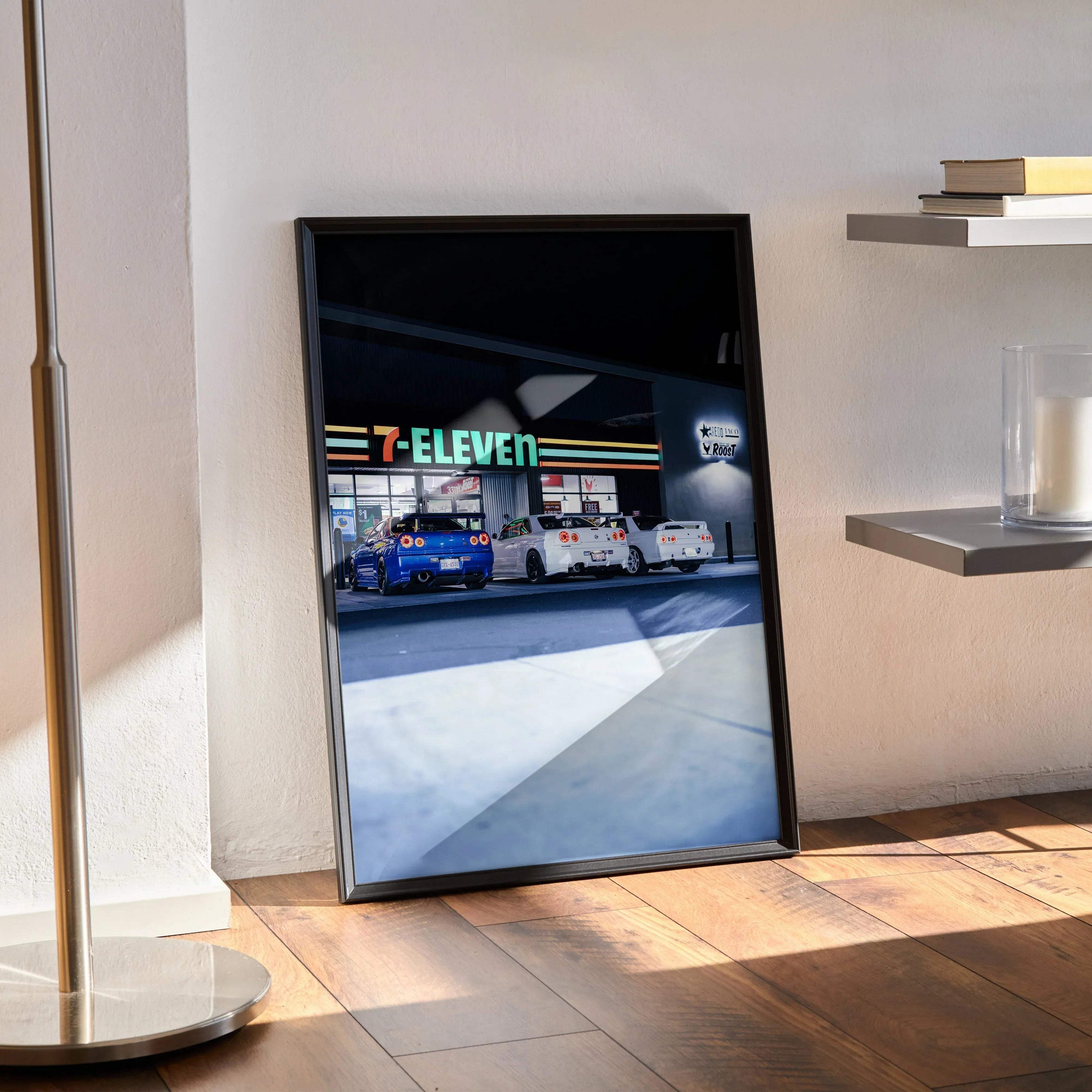 Nissan GTR R32 and R34 Skyline Legends high resolution poster with vibrant car designs leaning against wall, modern room.