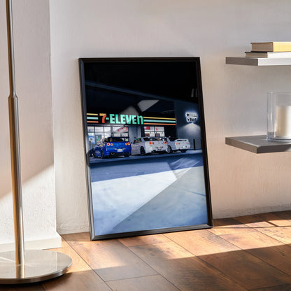 Nissan GTR R32 and R34 Skyline Legends high resolution poster with vibrant car designs leaning against wall, modern room.