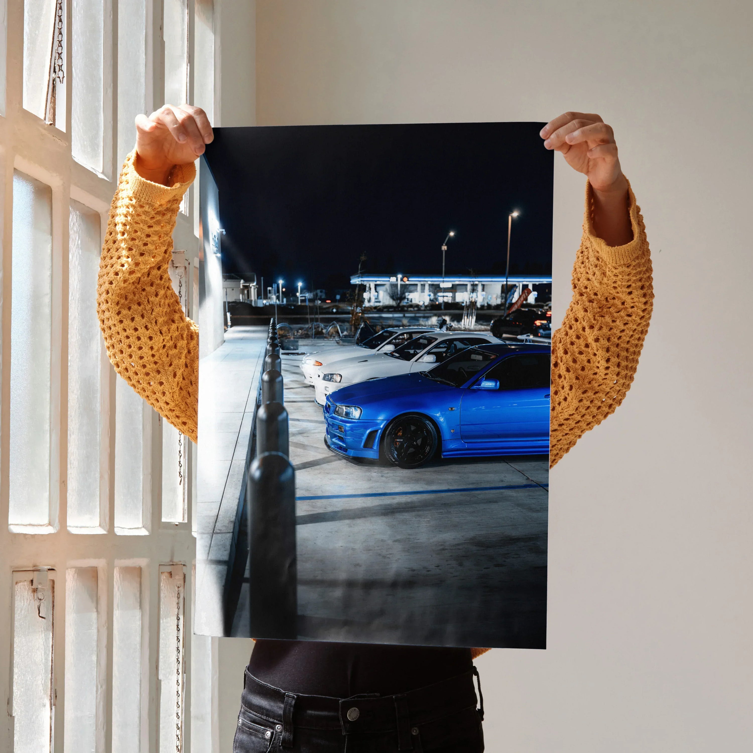 Nissan GTR Skyline Legends Poster featuring blue R32 and R34 GTRs at night, high-resolution wall art.