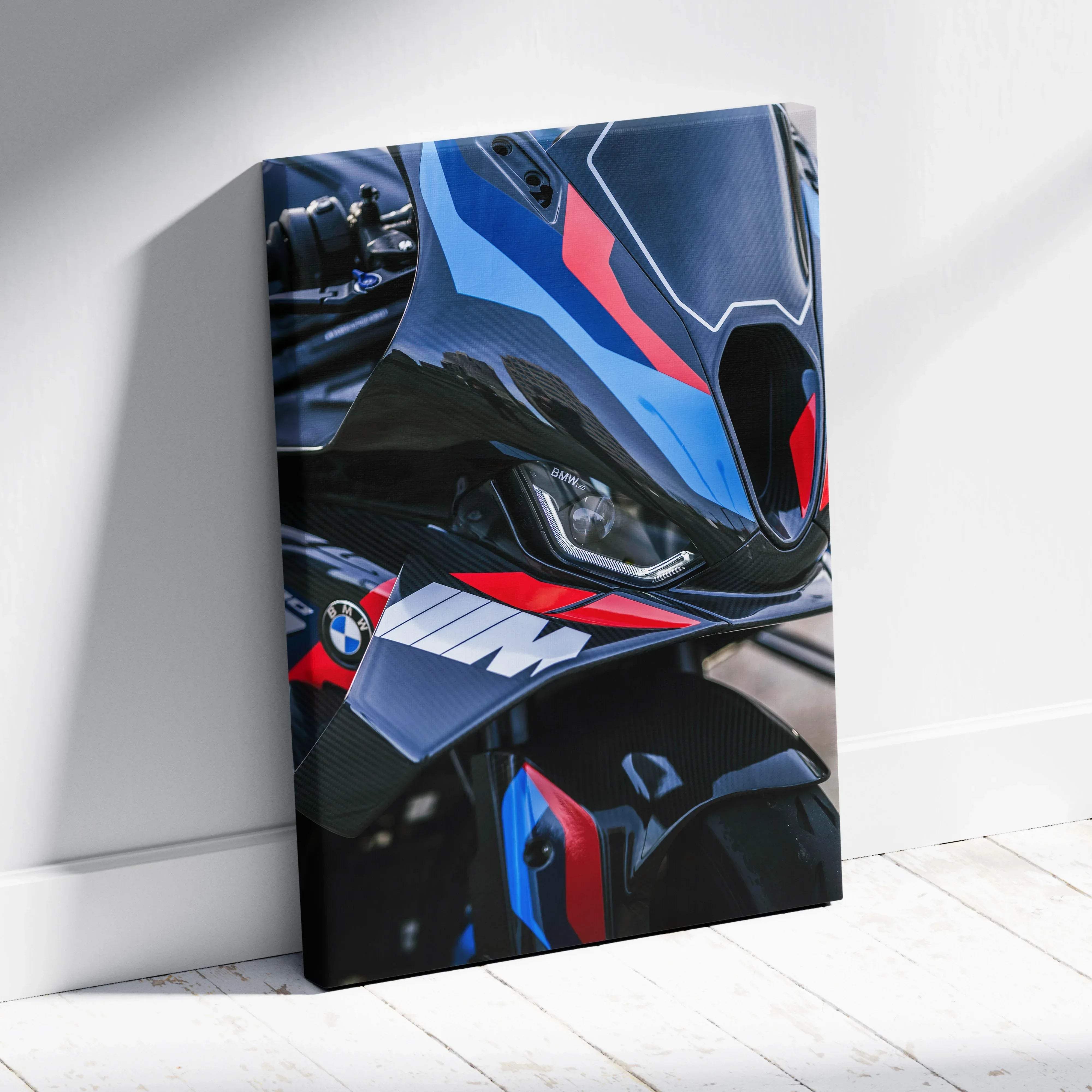 Canvas wall art of black blue and red bmw m1000rr motorcycle with sleek carbon fiber finish and bold racing stripes