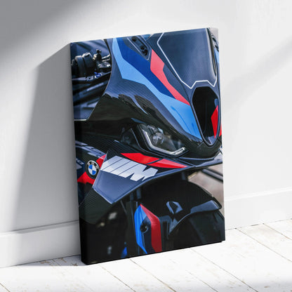 BMW M1000RR motorcycle close-up vertical canvas art in bold blue, red, and black colors.