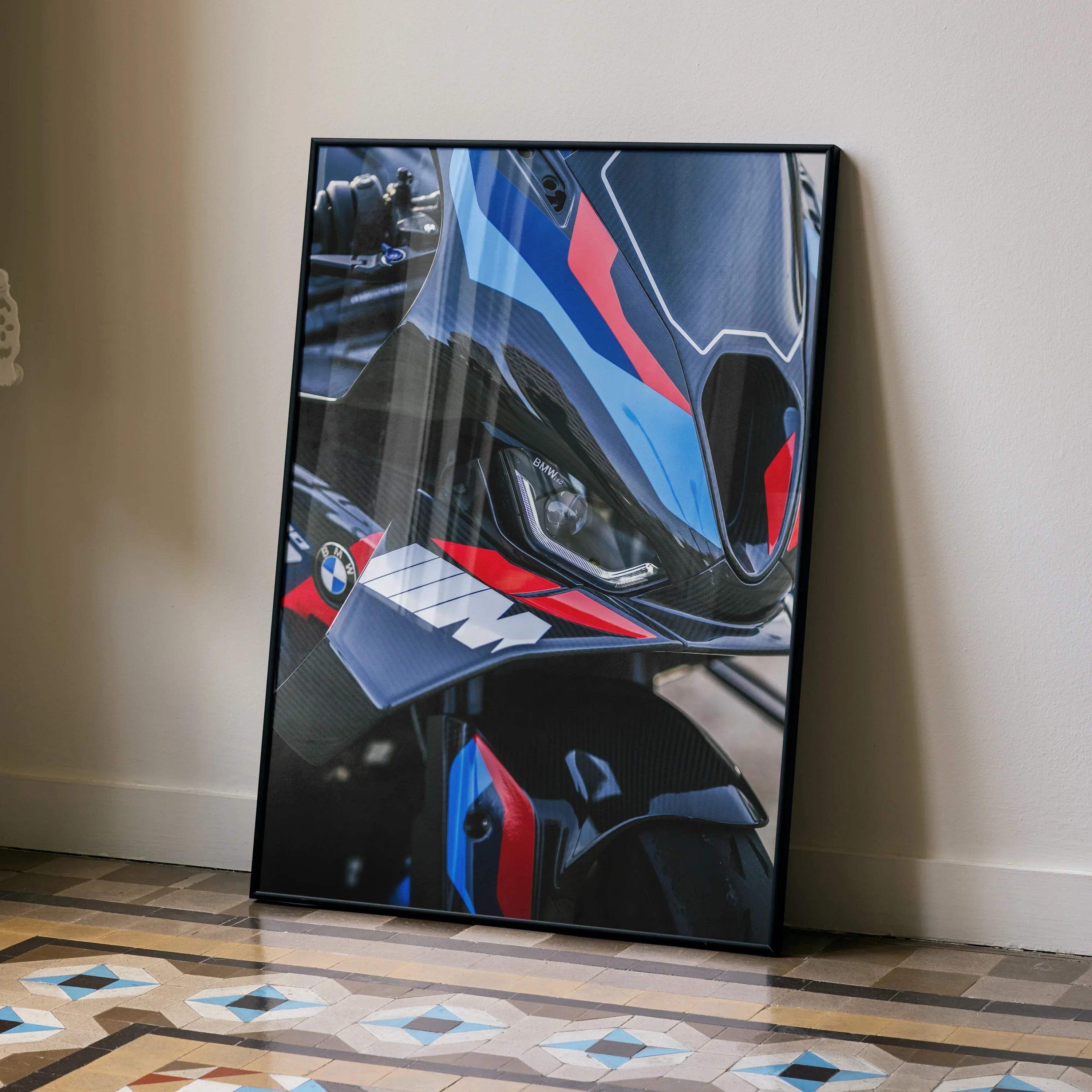 BMW M1000RR close-up motorcycle detail poster leaning against beige wall modern wall art.