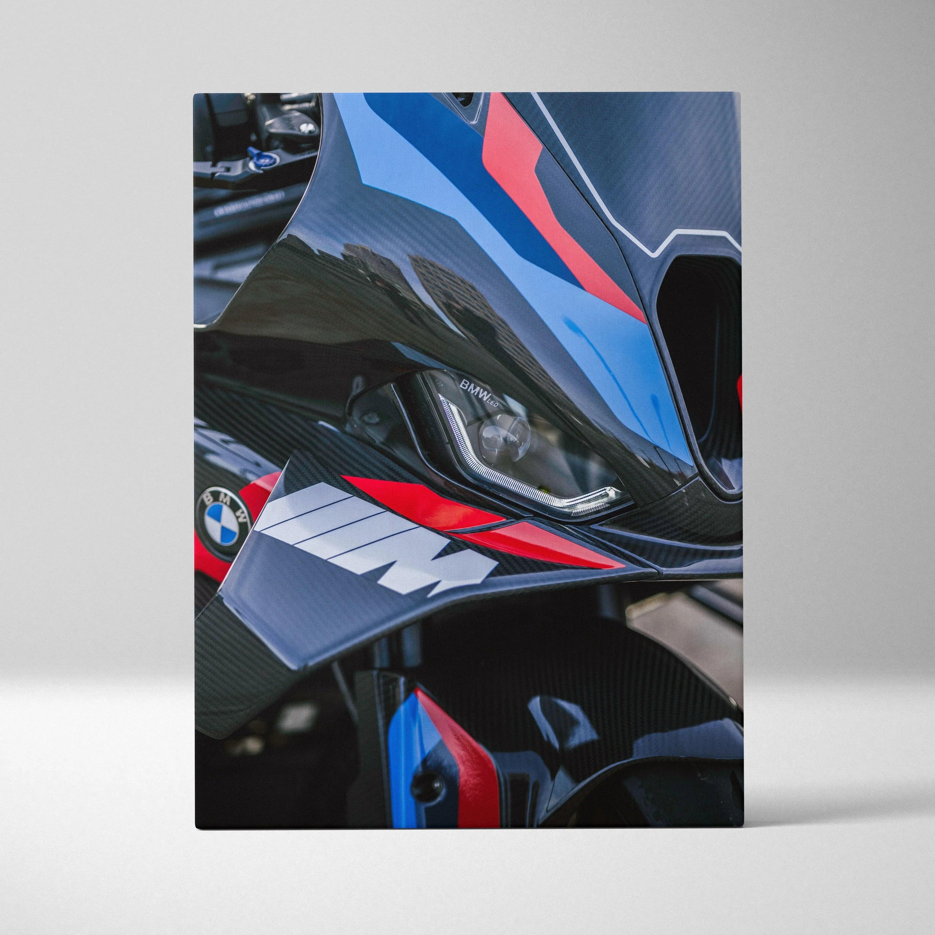 BMW M1000RR close-up high-resolution motorcycle canvas art with sharp blue, red, and black details.