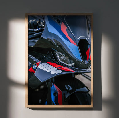 BMW M1000RR motorcycle poster with detailed close-up, black and red design wall art.
