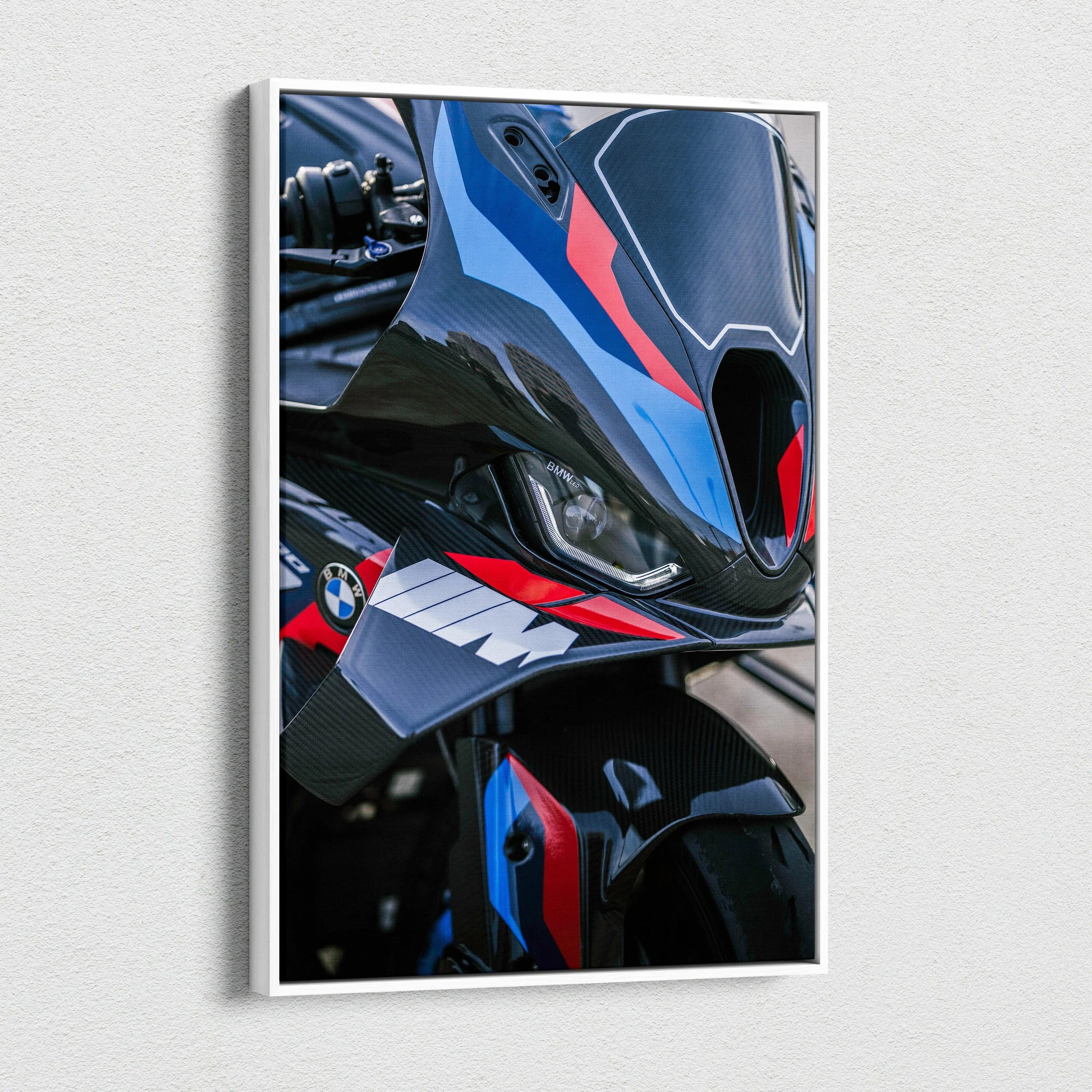 BMW M1000RR motorcycle close-up on vertical canvas art with black, blue, and red detailing wall art.