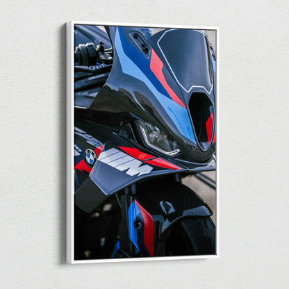 BMW M1000RR motorcycle close-up on vertical canvas art with black, blue, and red detailing wall art.