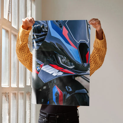 BMW M1000RR motorcycle close-up art poster with blue, red, and black detailing wall art.
