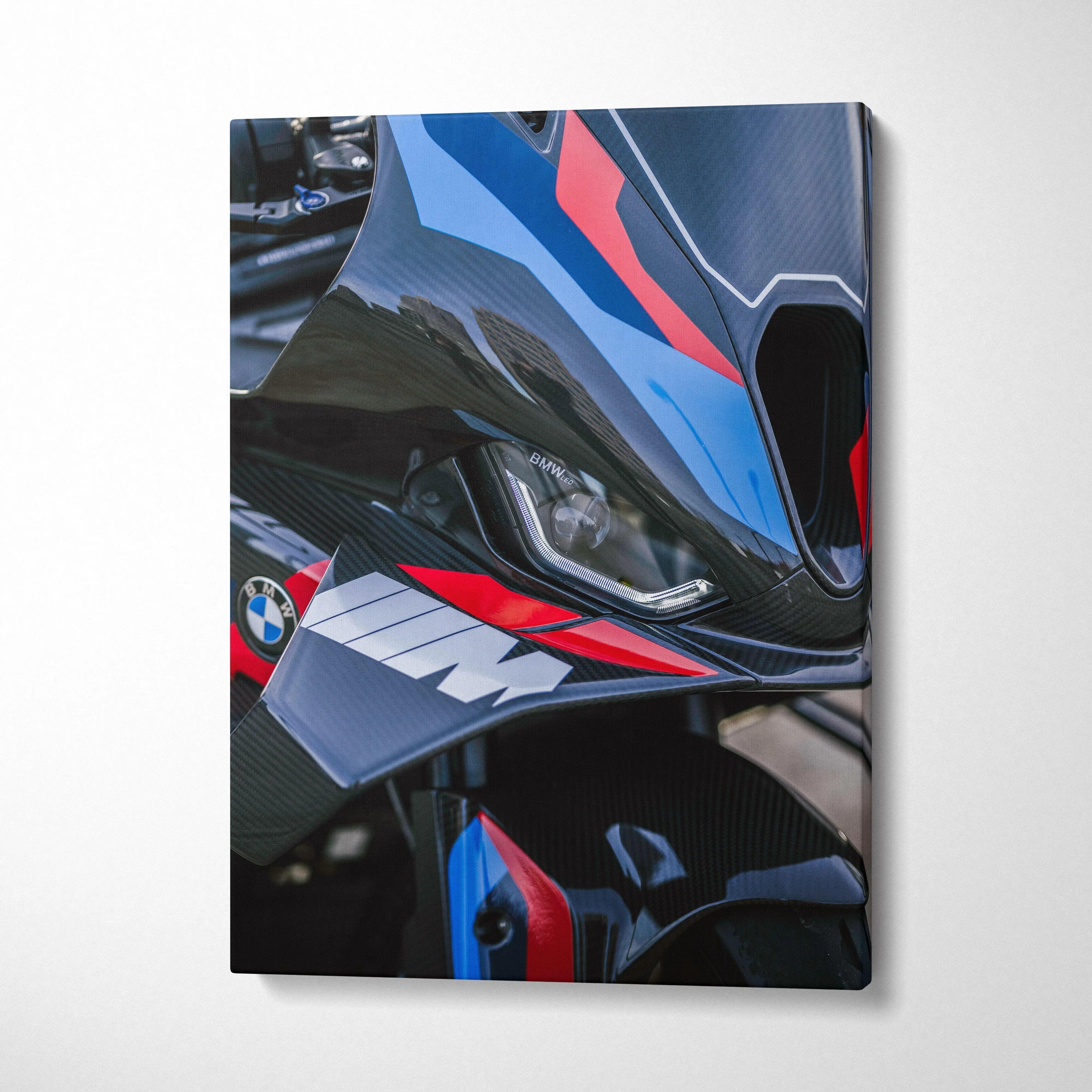 High-resolution canvas art of blue and red BMW M1000RR motorcycle front close-up wall art panel.