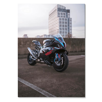 BMW M1000RR motorcycle art poster with sleek black design and red and blue accents, urban background wall art.