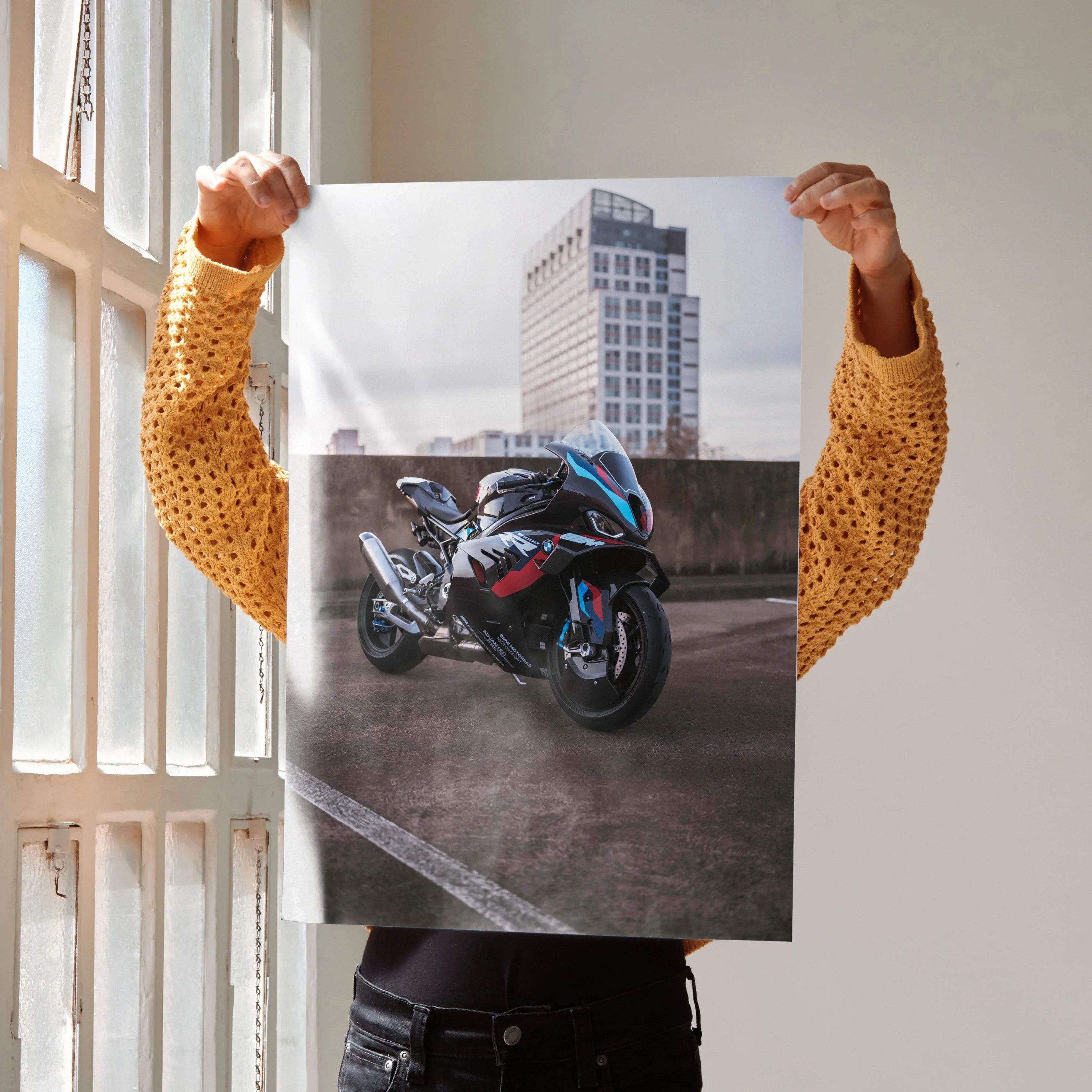 BMW M1000RR motorcycle poster wall art with city skyline background in vibrant colors.