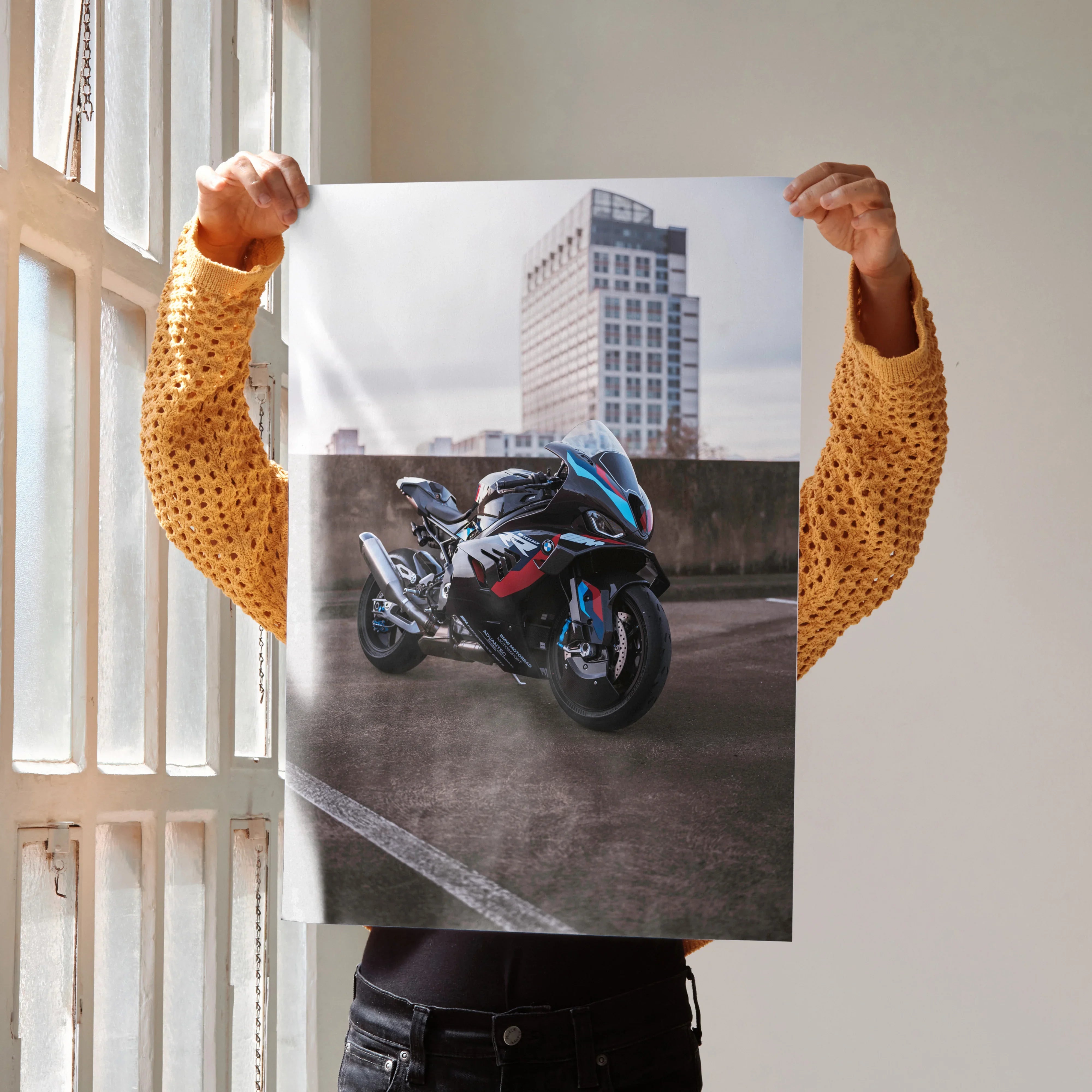 BMW M1000RR motorcycle poster wall art with city skyline background in vibrant colors.