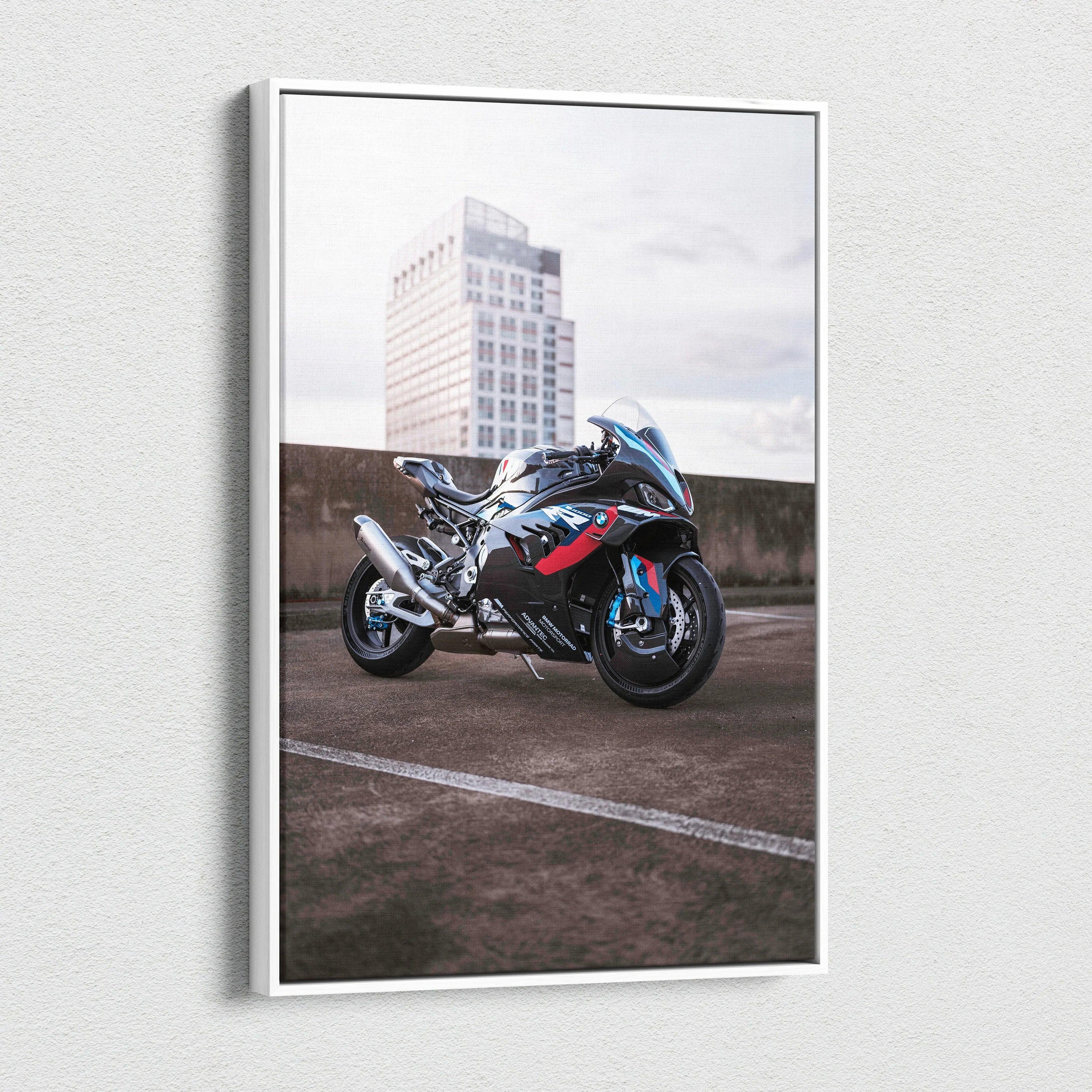 BMW M1000RR motorcycle canvas art with urban background, vertical wall art print.