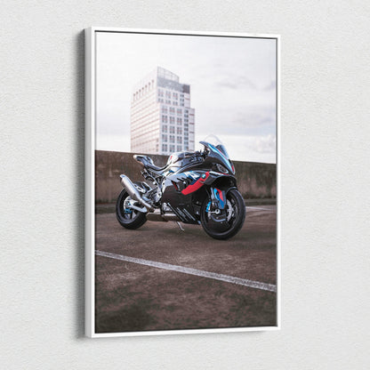 BMW M1000RR motorcycle canvas art with urban background, vertical wall art print.
