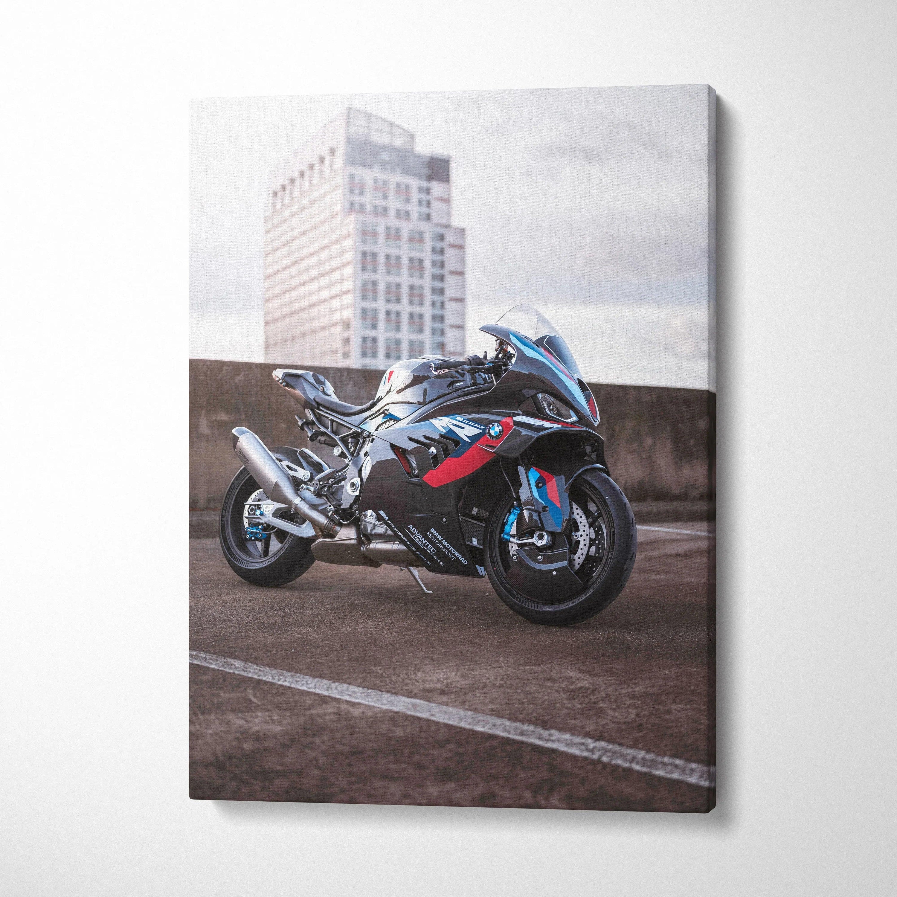 BMW M1000RR motorcycle canvas wall art with urban rooftop background, vertical canvas art.