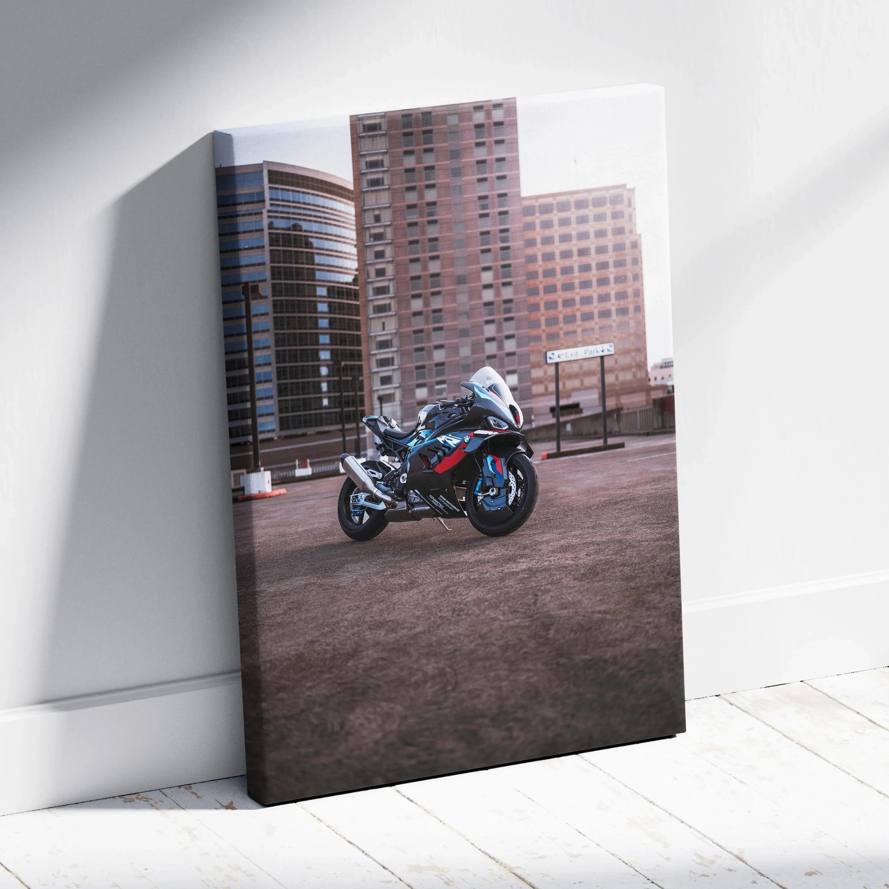 BMW M1000RR motorcycle art on high-resolution vertical canvas wall art with urban city background.