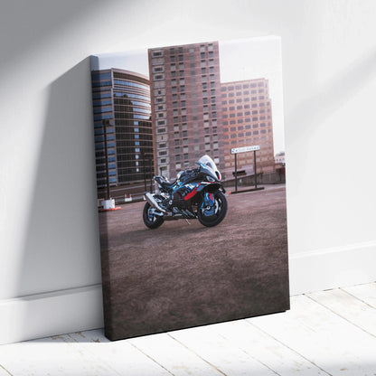 BMW M1000RR motorcycle art on high-resolution vertical canvas wall art with urban city background.