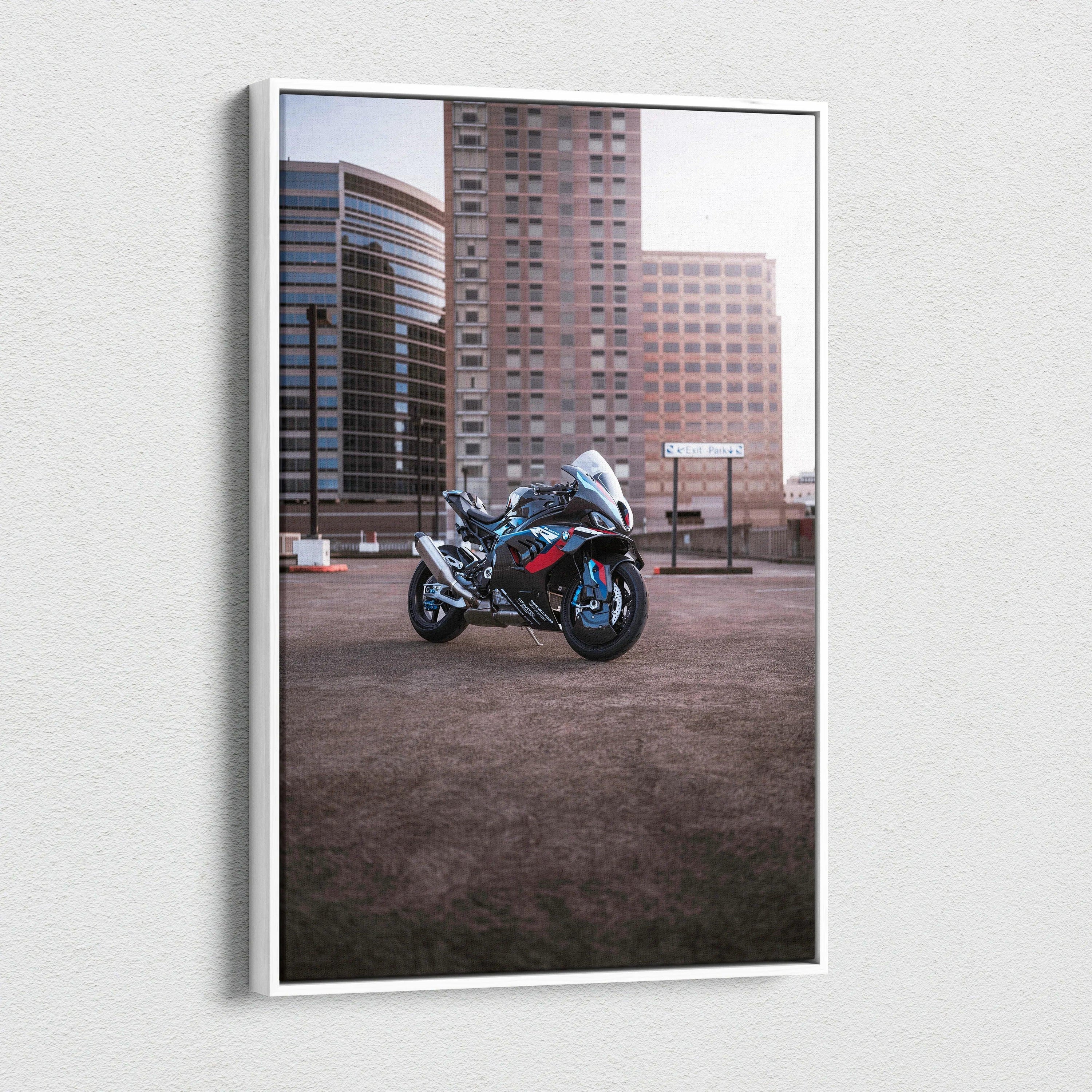Vertical canvas art featuring a BMW M1000RR motorcycle in an urban setting with tall buildings.