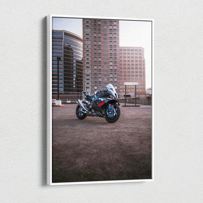 Vertical canvas art featuring a BMW M1000RR motorcycle in an urban setting with tall buildings.
